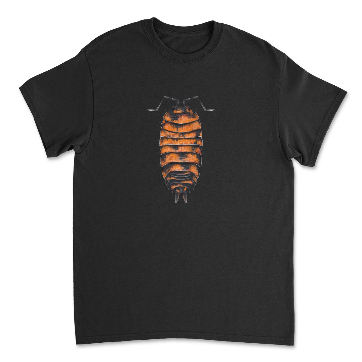 Gildan G5000 Lava Isopod Art T-Shirt by Mingo Art, front view showcasing detailed lava isopod illustration on black cotton tee.