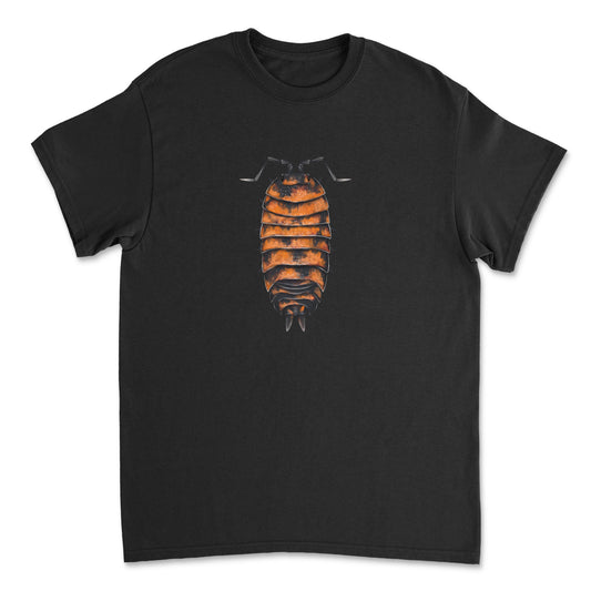 Gildan G5000 Lava Isopod Art T-Shirt by Mingo Art, front view showcasing detailed lava isopod illustration on black cotton tee.