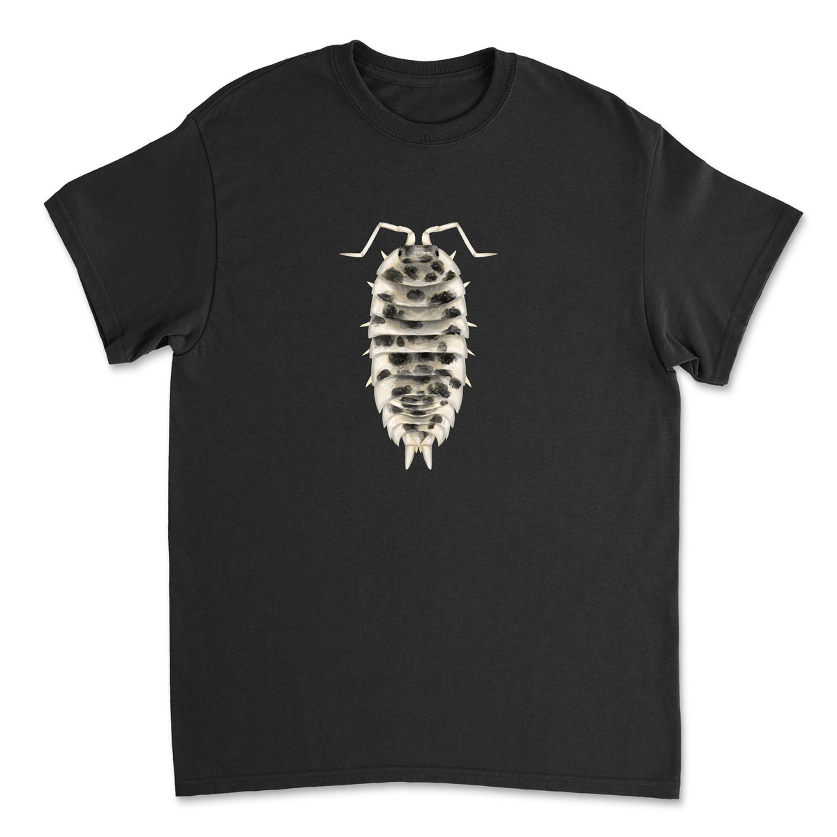 Dairy cow isopod art T-shirt by Mingo Art, featuring a detailed graphic of a cow-isopod hybrid on a white Gildan T-shirt.