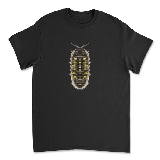 Pink Granulated Isopod Art T-Shirt by Mingo Art, front view showing detailed graphic print on a casual cotton T-shirt.