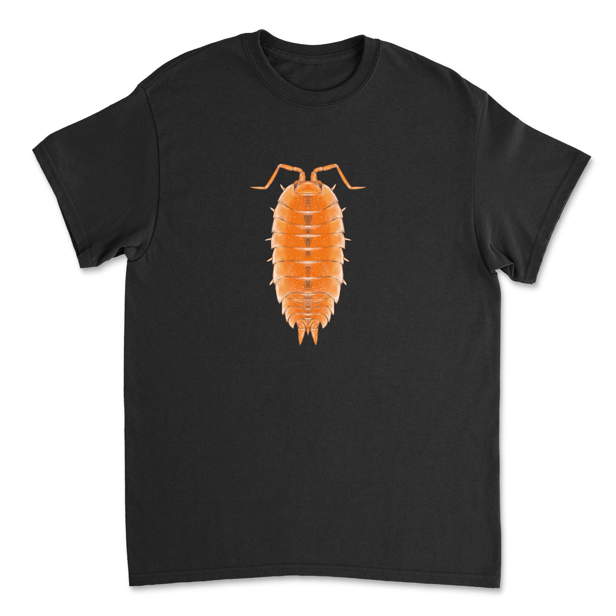 Orange Scaber Isopod T-shirt by Mingo Art featuring a detailed illustration of a bright orange Porcellio scaber on the front.
