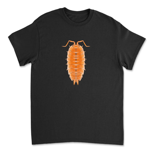 Orange Scaber Isopod T-shirt by Mingo Art featuring a detailed illustration of a bright orange Porcellio scaber on the front.