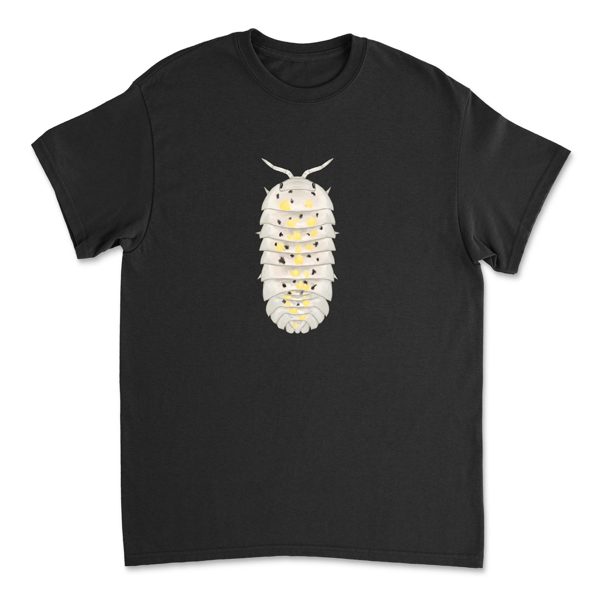 Mingo Art Magic Potion Isopod graphic T-shirt featuring a colorful isopod illustration on a black Gildan T-shirt front view