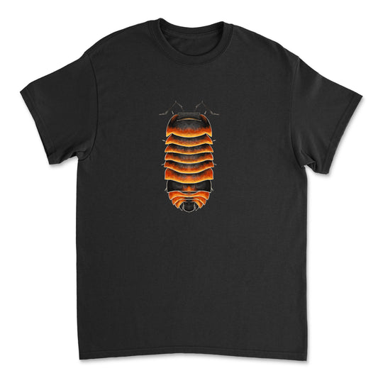 Mingo Art Ember Bee Isopod art T-shirt featuring a detailed illustration of an ember bee isopod on a black Gildan 5000 T-shirt.