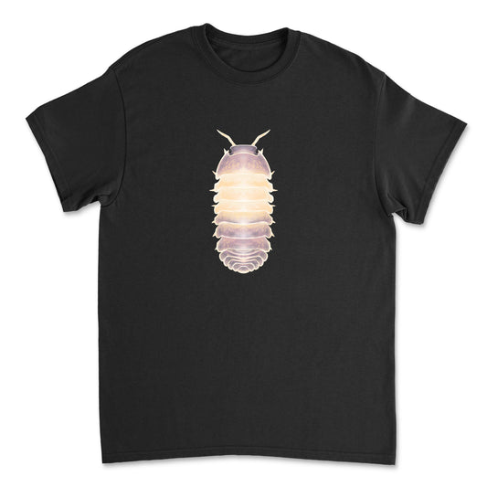 Lavender Panda King Isopod Art T-Shirt by Mingo Art featuring a colorful panda and isopod design on a casual tee.