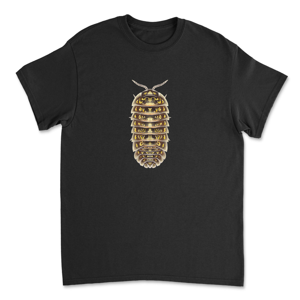Variegated Pill Isopod Art T-Shirt by Mingo Art featuring detailed print on a Gildan 5000 cotton tee.