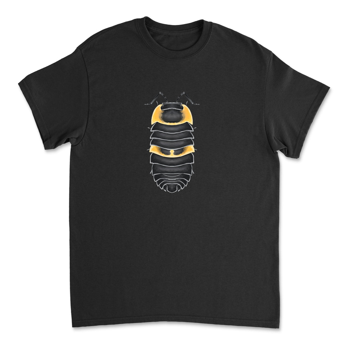 Black Batman Isopod Art T-Shirt by Mingo Art featuring a detailed graphic of Batman combined with an isopod design.