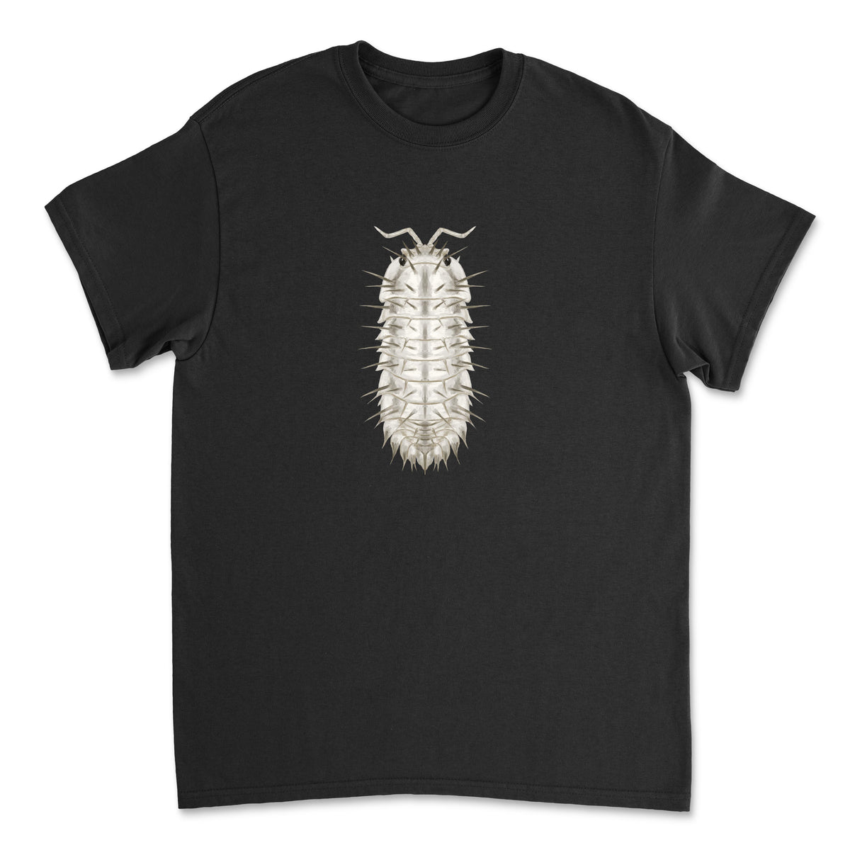Ivory Spiky Isopod art T-shirt by Mingo Art featuring a detailed, spiky isopod illustration on the front.