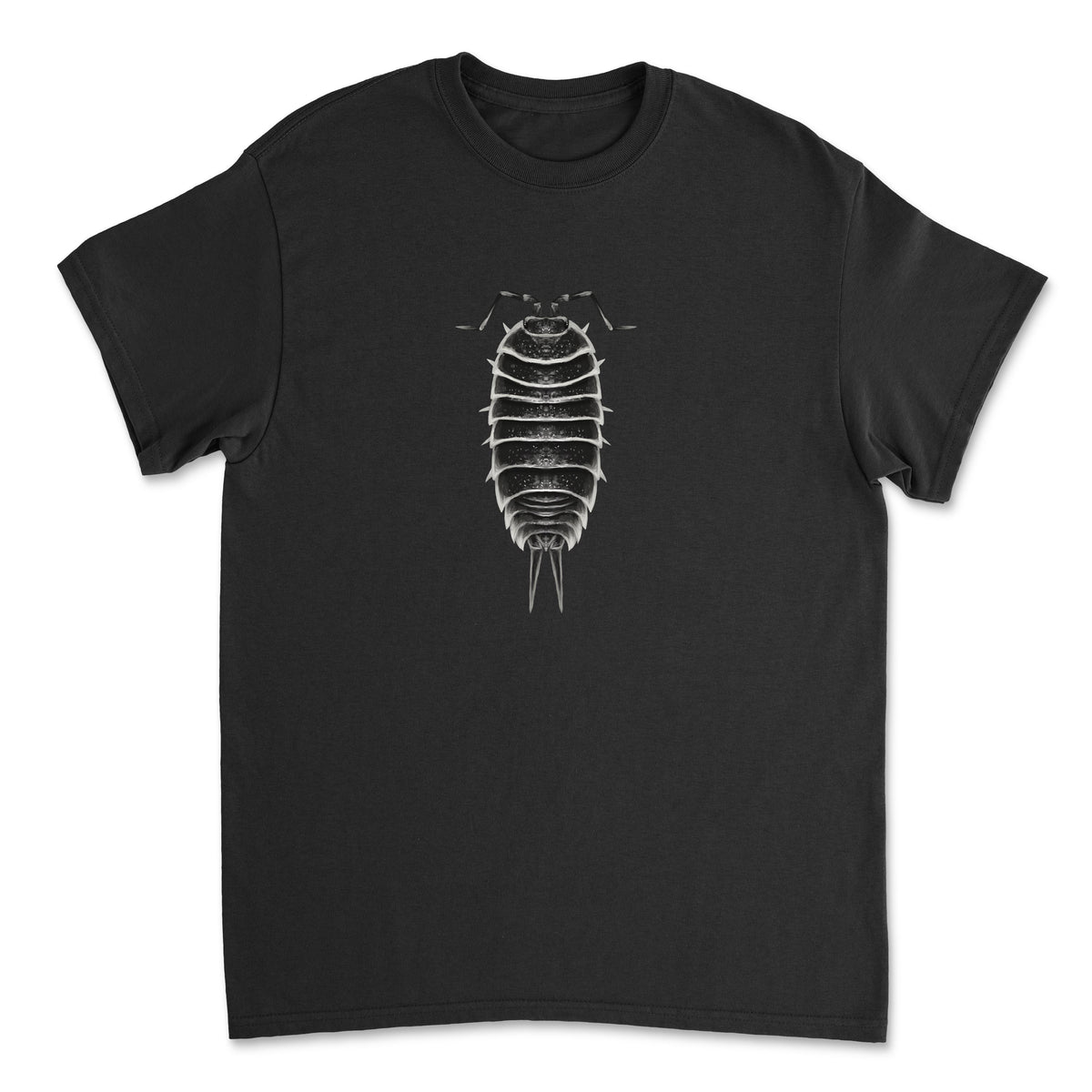 Mingo Art Hoffmannseggi Isopod Art T-Shirt in black featuring detailed isopod illustration on the front.