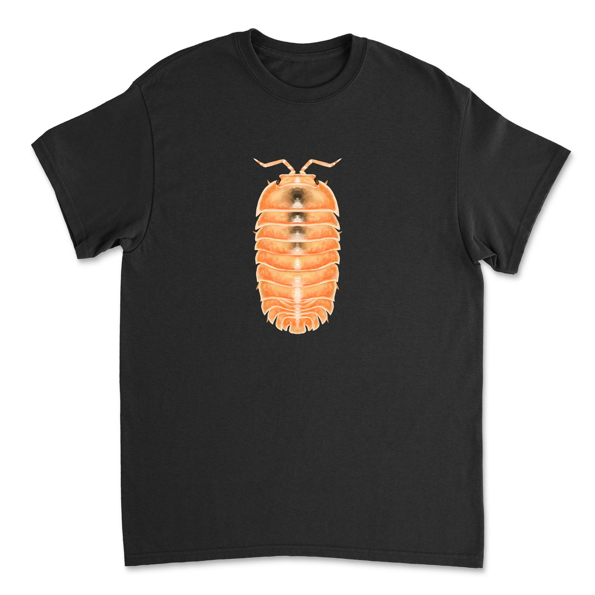 Fanta Orange Isopod Art T-Shirt by Mingo Art featuring a vibrant orange isopod illustration on a casual T-shirt.