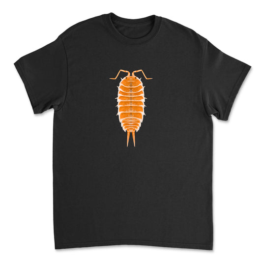 Orange Hoffmannseggii Isopod Art T-shirt by Mingo Art, front view showing detailed isopod illustration on soft cotton tee.