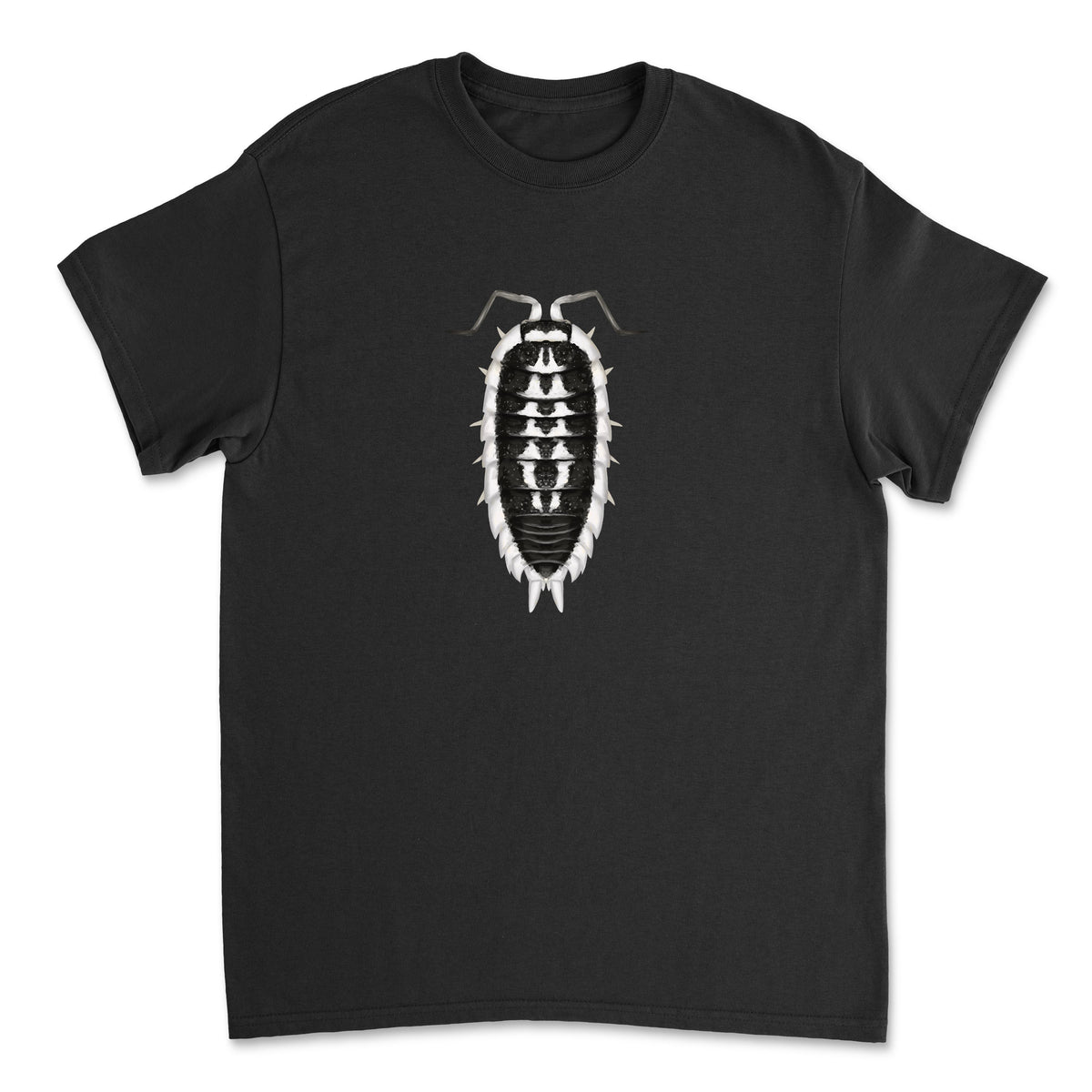 Gray skeleton isopod art T-shirt by Mingo Art featuring a detailed crustacean design on the front.