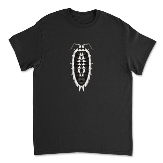 Gray skeleton isopod art T-shirt by Mingo Art featuring a detailed crustacean design on the front.
