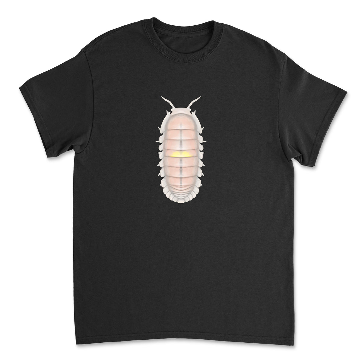 Pink Amber Firefly Isopod art T-shirt by Mingo Art, featuring a colorful insect illustration on a comfortable cotton tee.