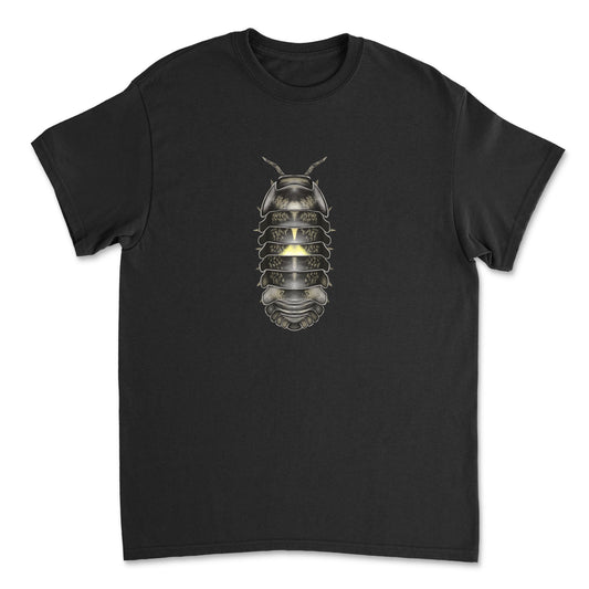 Dark amber firefly isopod art T-shirt by Mingo Art, featuring detailed print on a black Gildan T-shirt front view.