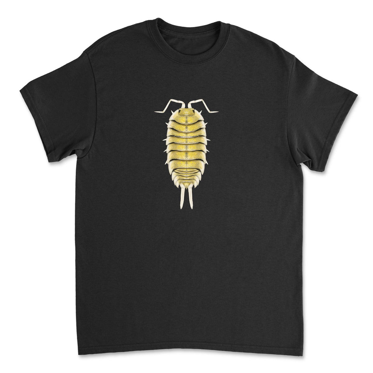 Yellow-banded isopod art T-shirt by Mingo Art, featuring a detailed graphic of a yellow-banded isopod on a casual T-shirt.