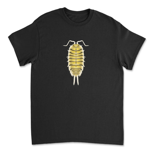Yellow-banded isopod art T-shirt by Mingo Art, featuring a detailed graphic of a yellow-banded isopod on a casual T-shirt.