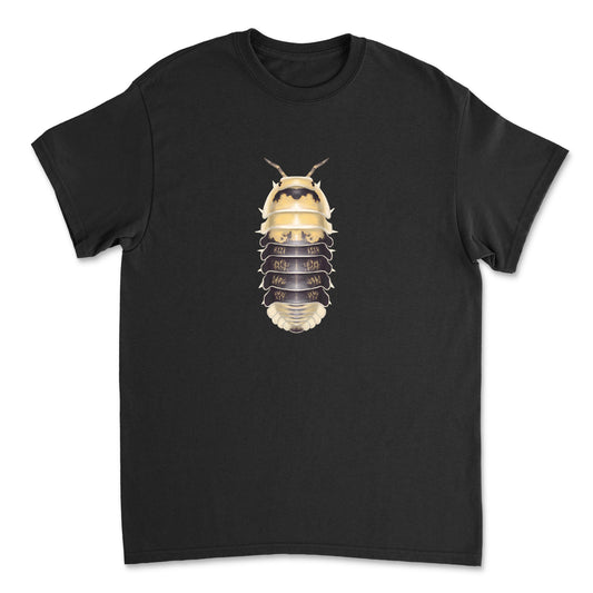 White Snow Bee Isopod Art T-Shirt by Mingo Art featuring detailed insect illustration on front.