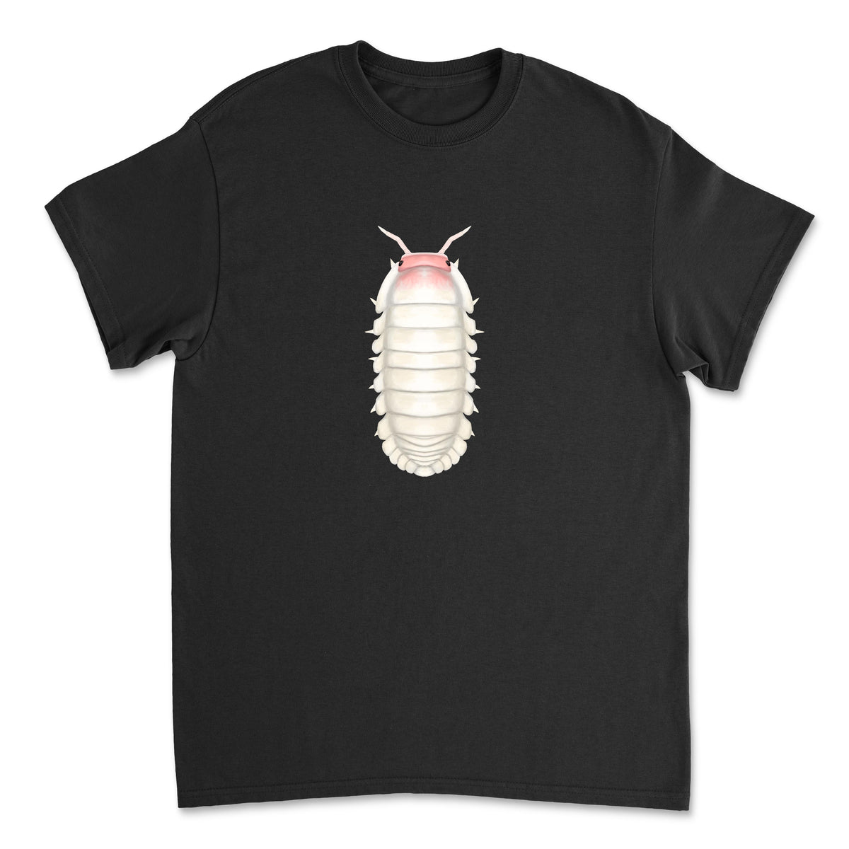 Frosted Petal Isopod Art T-shirt by Mingo Art, showing a detailed graphic of a frosted petal isopod on a black fabric t-shirt.