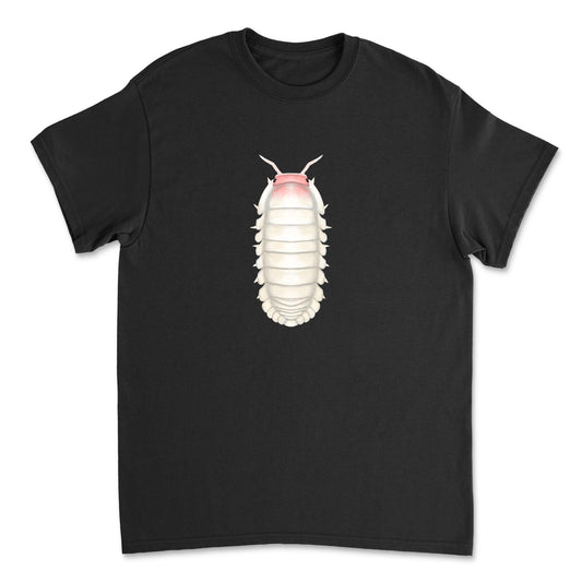 Frosted Petal Isopod Art T-shirt by Mingo Art, showing a detailed graphic of a frosted petal isopod on a black fabric t-shirt.