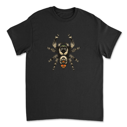 Canopy Jumping Spider (Phidippus otiosus) art T-shirt featuring detailed spider illustration on a Gildan 5000 T-shirt.