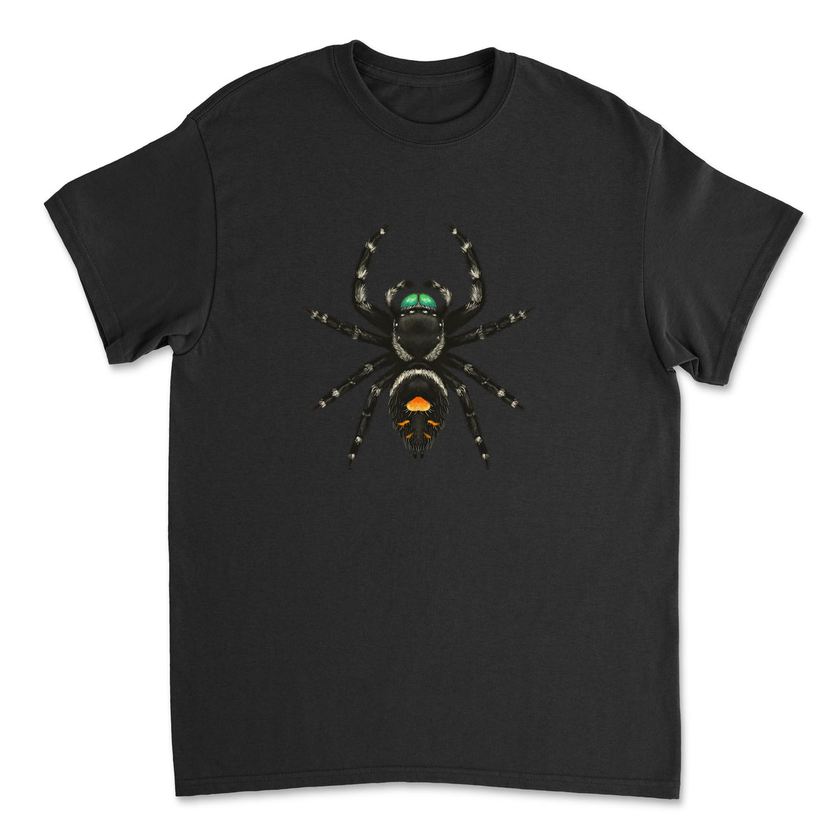Black T-shirt featuring a colorful jumping spider illustration from Mingo Art, showcasing a bold Phidippus audax design.