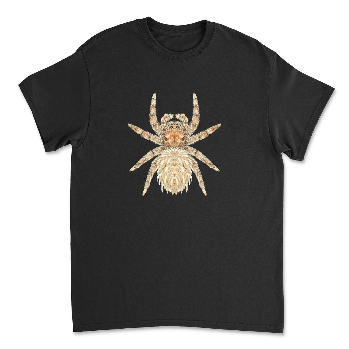 Sheepy Jumping Spider Oviballus vidae art T-shirt by Mingo Art, featuring a detailed illustration of a jumping spider on a white T-shirt.