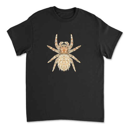 Sheepy Jumping Spider Oviballus vidae art T-shirt by Mingo Art, featuring a detailed illustration of a jumping spider on a white T-shirt.