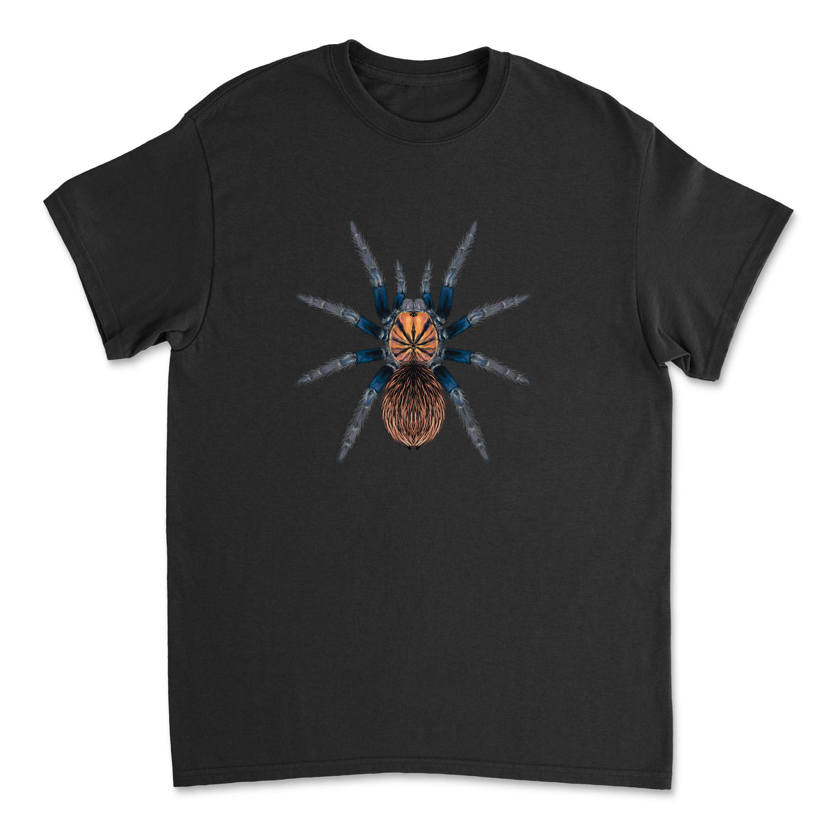 Blue tarantula art T-shirt featuring a Colombian Lesser Blue Tarantula (Xenesthis sp. Blue) design on a Gildan 5000 T-shirt.