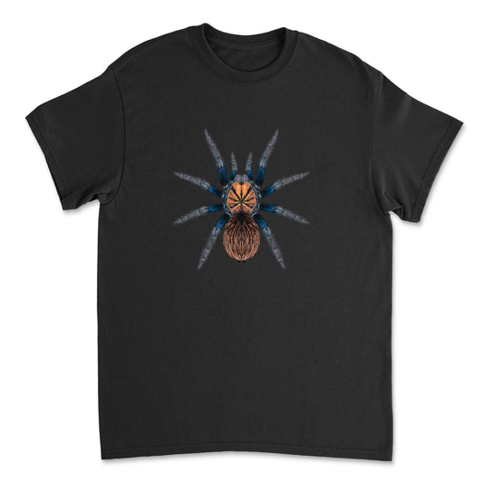 Blue tarantula art T-shirt featuring a Colombian Lesser Blue Tarantula (Xenesthis sp. Blue) design on a Gildan 5000 T-shirt.