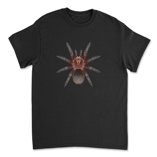 Red Island Birdeater Tarantula Phormictopus atrichomatus art T-shirt featuring a detailed spider illustration on a comfortable Gildan T-shirt.