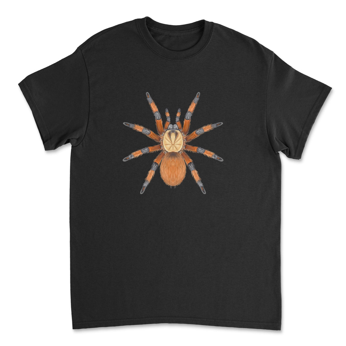 Mingo Art Rio Grande Gold Tarantula Aphonopelma moderatum T-shirt, front view with detailed spider illustration on white fabric.
