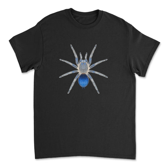 Blue Colombian Dwarf Tarantula art T-shirt featuring detailed spider illustration on a Gildan front.