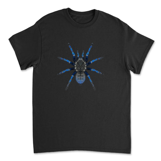 Cobalt blue tarantula Melopoeus lividus art T-shirt featuring detailed spider illustration on a black Gildan T-shirt.