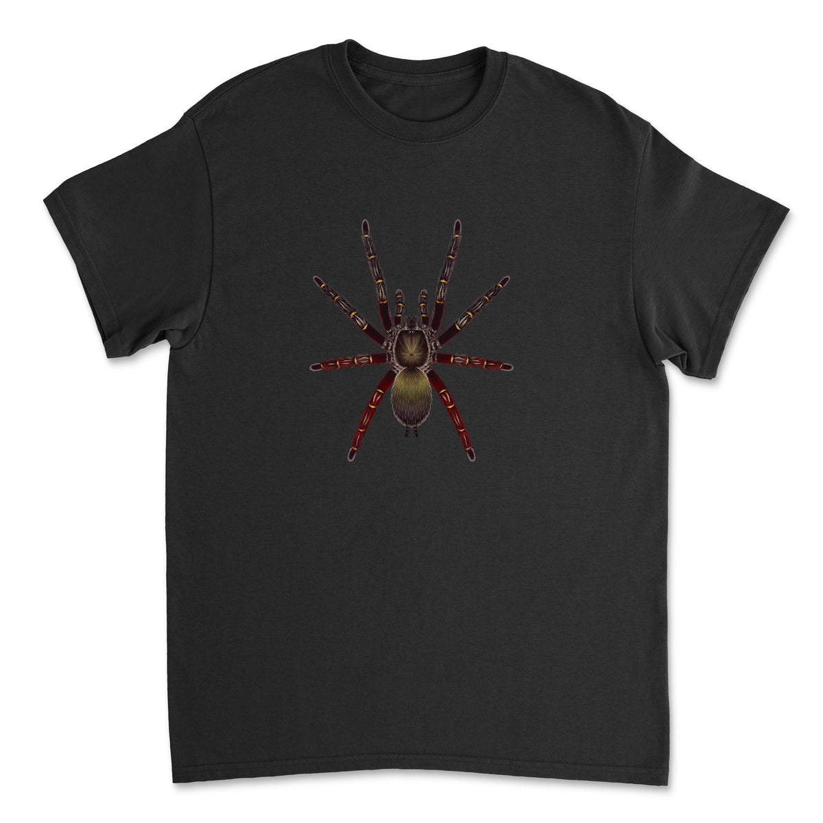 Red Skeleton Tarantula art T-shirt featuring a detailed illustration of Ephebopus rufescens on a black fabric background.