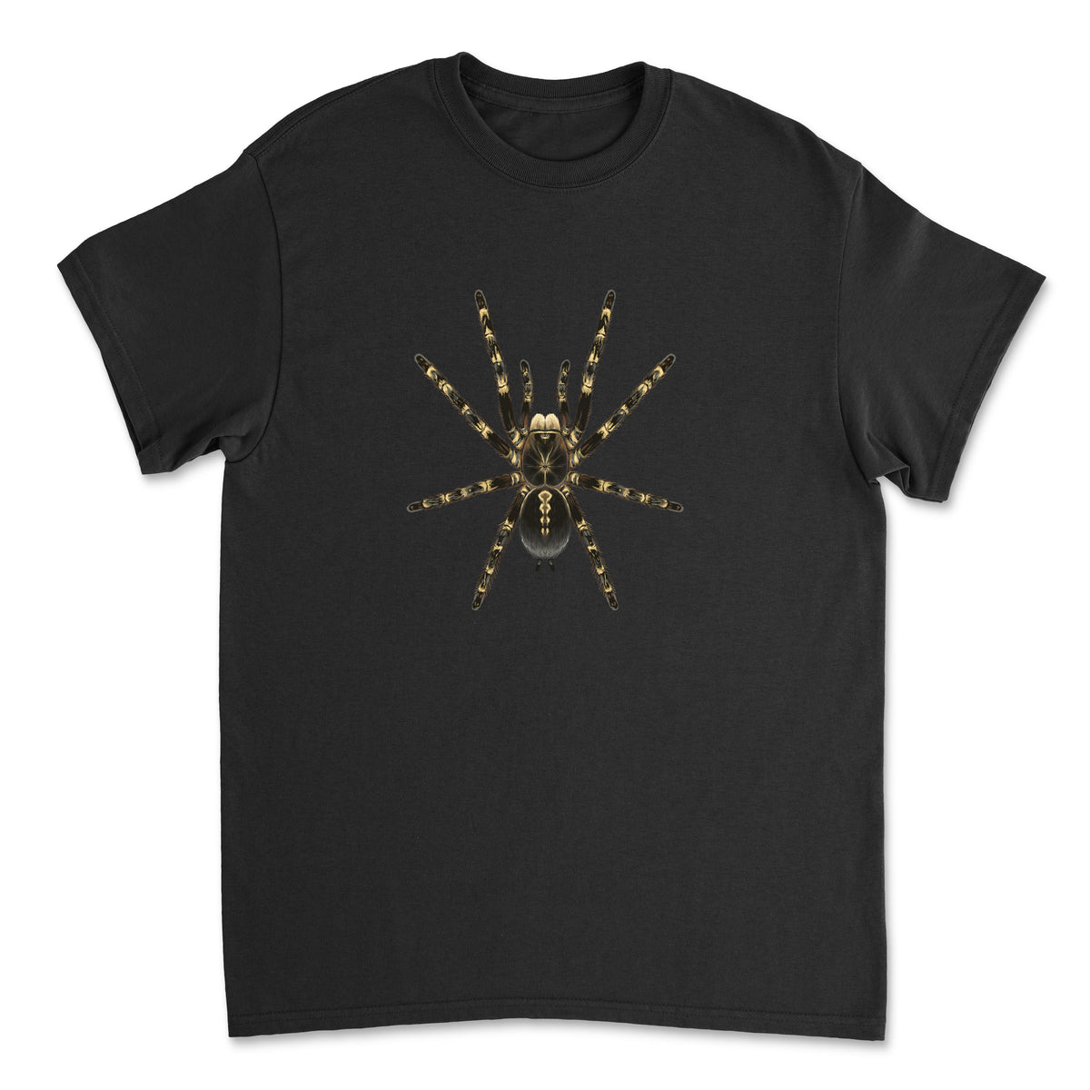 White t-shirt featuring a detailed illustration of a Lowland Ivory Ornamental Tarantula (Poecilotheria subfusca) by Mingo Art.