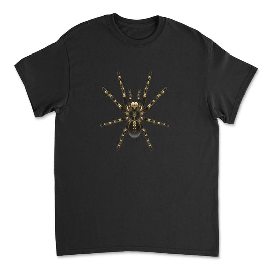 White t-shirt featuring a detailed illustration of a Lowland Ivory Ornamental Tarantula (Poecilotheria subfusca) by Mingo Art.