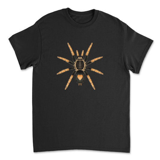 Red leg tarantula Cyriocosmus aueri art T-shirt featuring a detailed illustration of the Peruvian dwarf spider on a black background.