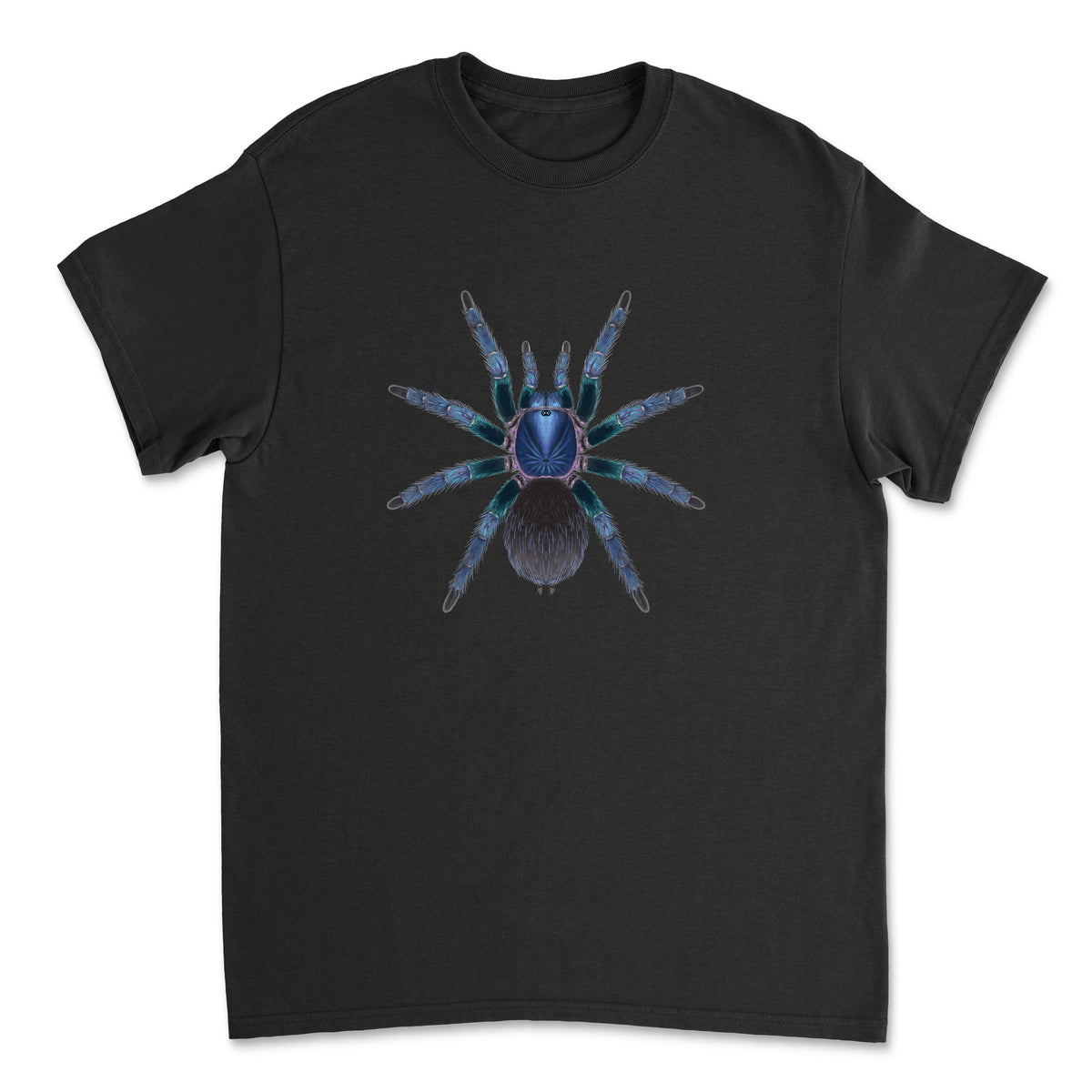 Blue birdeater tarantula art T-shirt featuring a detailed illustration of the Goliath Blue Birdeater (Phormictopus sp. Blue Azul).