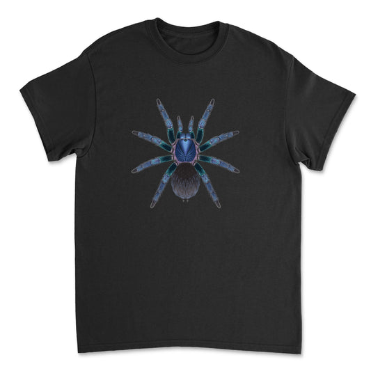 Blue birdeater tarantula art T-shirt featuring a detailed illustration of the Goliath Blue Birdeater (Phormictopus sp. Blue Azul).