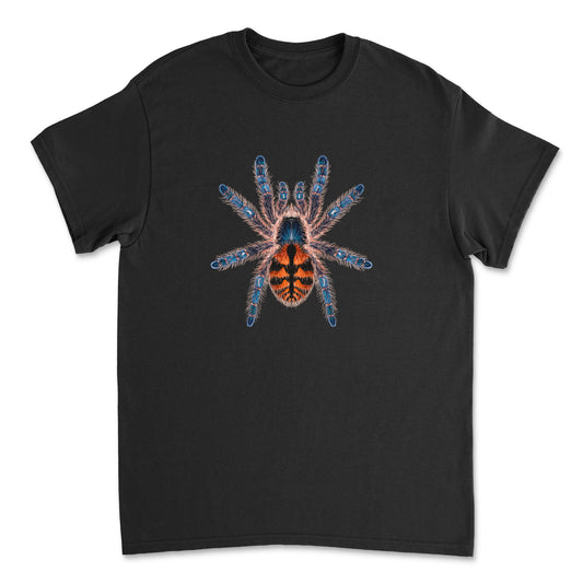 Mingo Art T-Shirt featuring a colorful illustration of the Chapadensis Jewel Tarantula (Typhochlaena chapadensis) on a Gildan shirt.