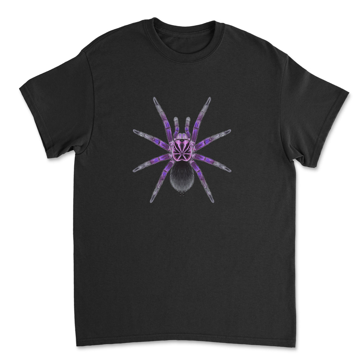 Blue bloom tarantula art T-shirt featuring a detailed illustration of a Pamphobeteus nigricolor on a casual Gildan T-shirt.