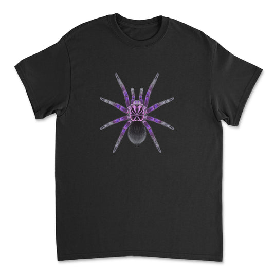 Blue bloom tarantula art T-shirt featuring a detailed illustration of a Pamphobeteus nigricolor on a casual Gildan T-shirt.