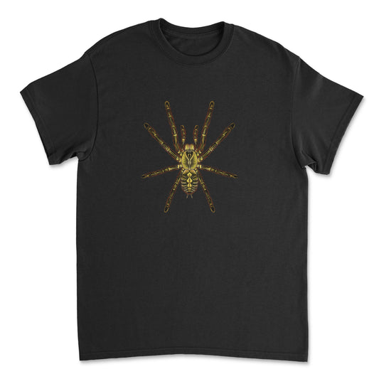 Red slate ornamental tarantula art T-shirt featuring detailed illustration of Poecilotheria rufilata on a Gildan T-shirt.