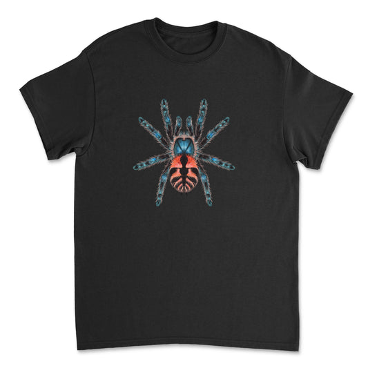 Bright yellow and black Incendigo Jewel Tarantula T-shirt by Mingo Art featuring detailed spider artwork on the front.