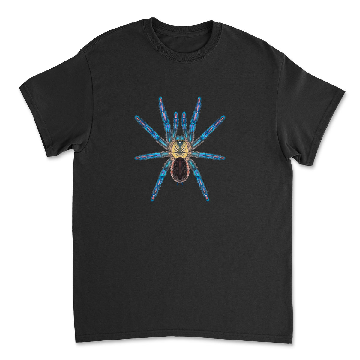 Mingo Art T-shirt featuring a detailed illustration of an Amazon Sapphire Tarantula (Ybyrapora diversipes) on a black fabric background.
