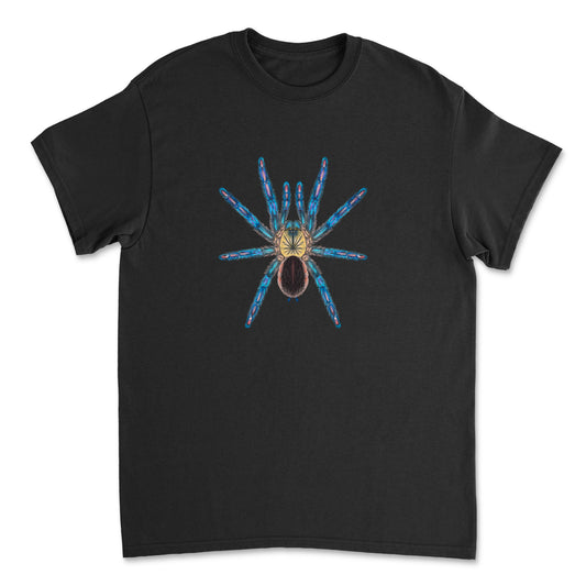 Mingo Art T-shirt featuring a detailed illustration of an Amazon Sapphire Tarantula (Ybyrapora diversipes) on a black fabric background.