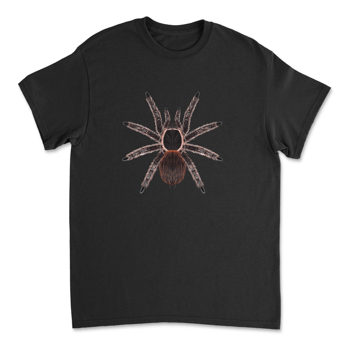 Salmon pink Birdeater tarantula art T-shirt by Mingo Art, featuring detailed graphic of Lasiodora paraphybana on front.