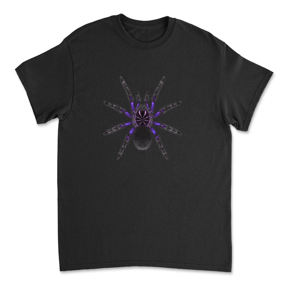 Black Ecuadorian Birdeater Tarantula art T-shirt by Mingo Art featuring detailed spider illustration on a black Gildan T-shirt.