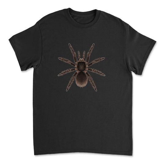 Goliath Birdeater Tarantula art T-shirt by Mingo Art featuring a detailed illustration of Theraphosa blondi on a black T-shirt.